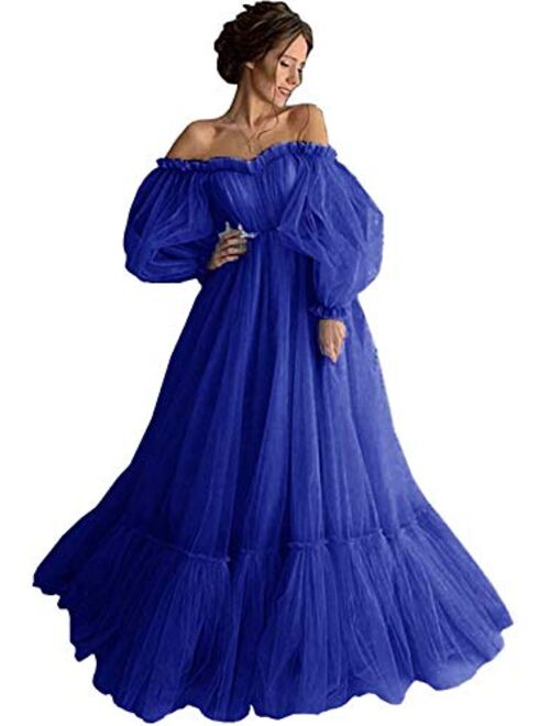 Tianzhihe Puffy Sleeve Prom Dress Long Off Shoulder Tulle Photoshoot Maternity Dress Ball Gown