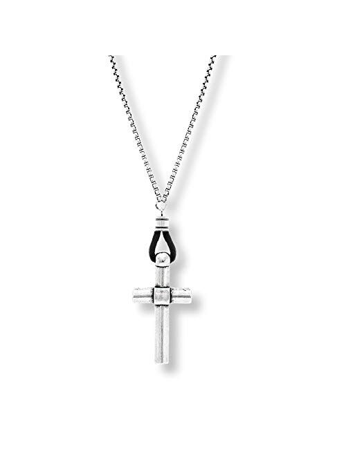 Steve Madden 28 Inch Oxidized Stainless Steel Black Leather Cross Necklace for Men