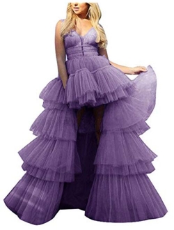 Tianzhihe Tulle Layers Prom Dress V Neck A Line High Low Evening Party Gown Ruffles Maxi Dress with Belt