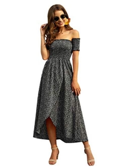 Women's Ditsy Floral Print Split Off Shoulder Thigh Shirred Maxi Dress