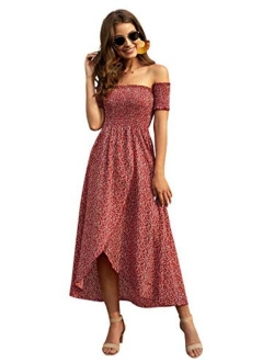 Women's Ditsy Floral Print Split Off Shoulder Thigh Shirred Maxi Dress