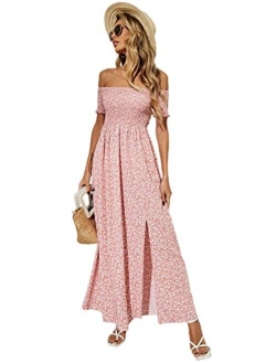 Women's Ditsy Floral Print Split Off Shoulder Thigh Shirred Maxi Dress