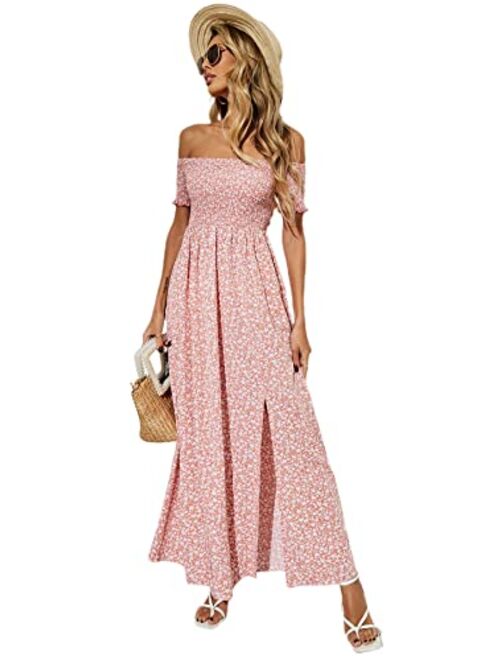 SheIn Women's Ditsy Floral Print Split Off Shoulder Thigh Shirred Maxi Dress