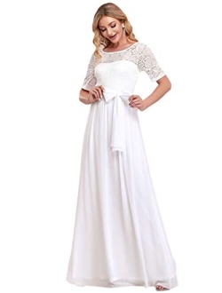 Women Lace Illusion Short Sleeve Chiffon Wedding Party Dress 07624