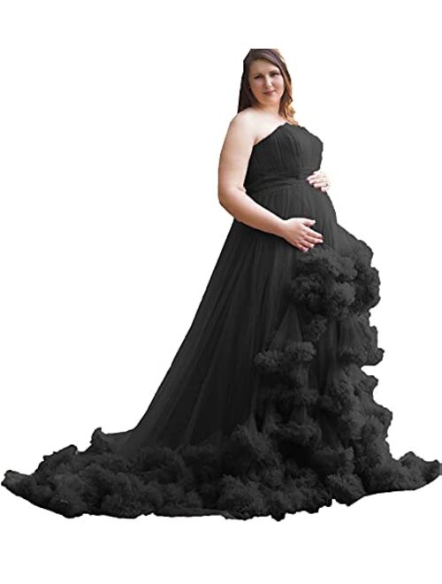 Tianzhihe Tulle Maternity Robe for Photoshoot Sweetheart Puffy Ruffled Long Train Prom Dresses Plus Size Bridal Gowns