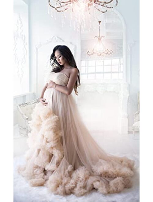 Tianzhihe Tulle Maternity Robe for Photoshoot Sweetheart Puffy Ruffled Long Train Prom Dresses Plus Size Bridal Gowns