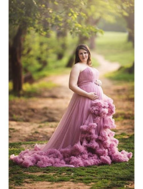 Tianzhihe Tulle Maternity Robe for Photoshoot Sweetheart Puffy Ruffled Long Train Prom Dresses Plus Size Bridal Gowns