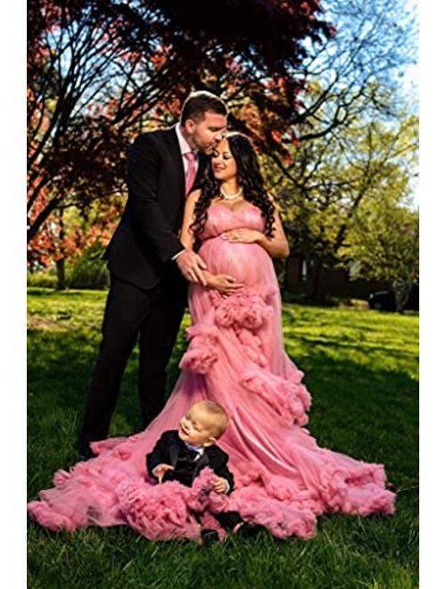 Tianzhihe Tulle Maternity Robe for Photoshoot Sweetheart Puffy Ruffled Long Train Prom Dresses Plus Size Bridal Gowns