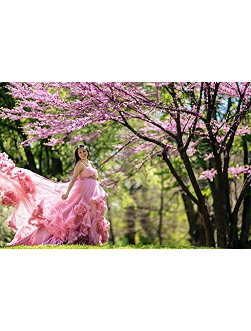 Tianzhihe Tulle Maternity Robe for Photoshoot Sweetheart Puffy Ruffled Long Train Prom Dresses Plus Size Bridal Gowns