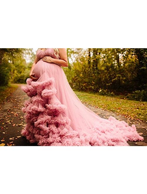 Tianzhihe Tulle Maternity Robe for Photoshoot Sweetheart Puffy Ruffled Long Train Prom Dresses Plus Size Bridal Gowns