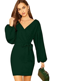 Women's Surplice Wrap Long Sleeve Pearls Beaded Solid Mini Pencil Dress with Belt