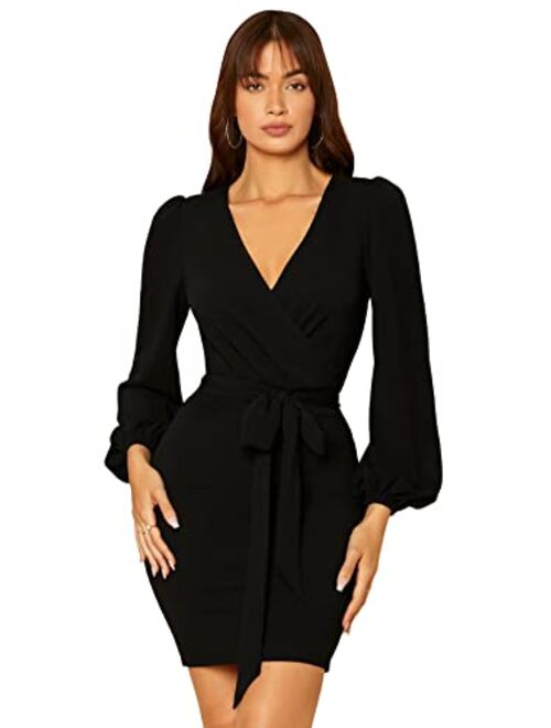 SheIn Women's Surplice Wrap Long Sleeve Pearls Beaded Solid Mini Pencil Dress with Belt