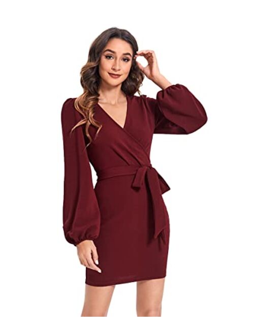 SheIn Women's Surplice Wrap Long Sleeve Pearls Beaded Solid Mini Pencil Dress with Belt