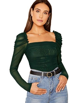 Women's Mesh Sheer Tops Square Neck Puff Sleeve Tee T-Shirt