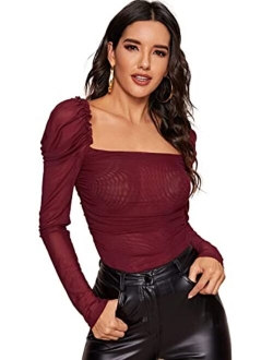 Women's Mesh Sheer Tops Square Neck Puff Sleeve Tee T-Shirt