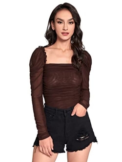 Women's Mesh Sheer Tops Square Neck Puff Sleeve Tee T-Shirt