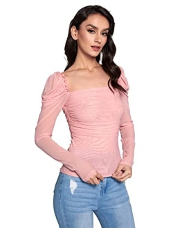 Women's Mesh Sheer Tops Square Neck Puff Sleeve Tee T-Shirt