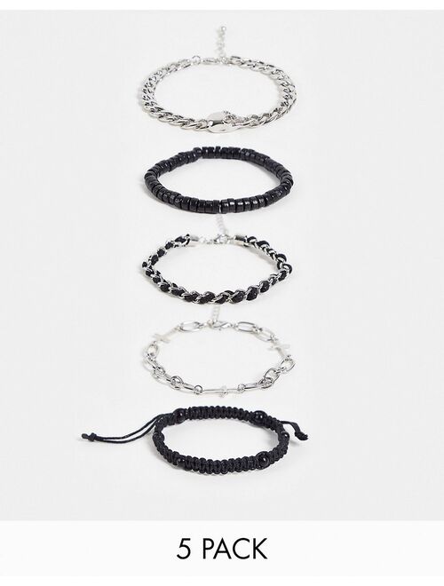 Bershka 5-pack bracelets in silver and black