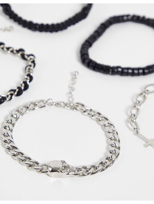 Bershka 5-pack bracelets in silver and black