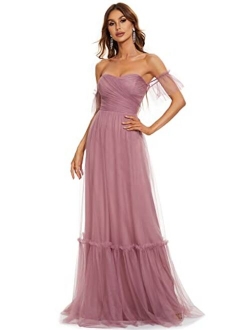 Women's Off-Shoulder Long Ruched Tulle Evening Dresses 50126