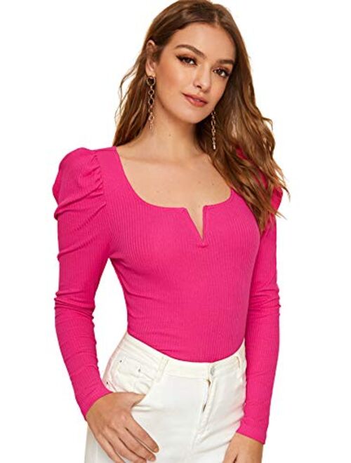 Floerns Women's Notch Neck Puff Sleeve Tops Knit Tee Shirt Blouse