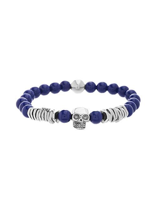 Steve Madden Men's Blue Bead and Discs with Skull Design Stretch Bracelet in Stainless Steel