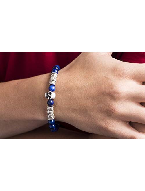 Steve Madden Men's Blue Bead and Discs with Skull Design Stretch Bracelet in Stainless Steel