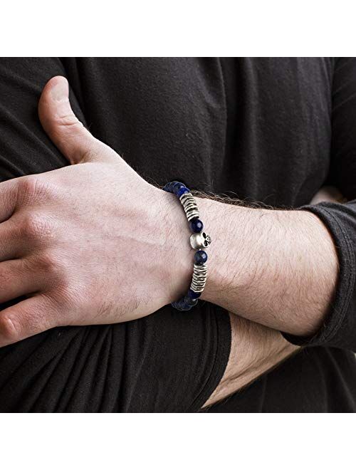 Steve Madden Men's Blue Bead and Discs with Skull Design Stretch Bracelet in Stainless Steel