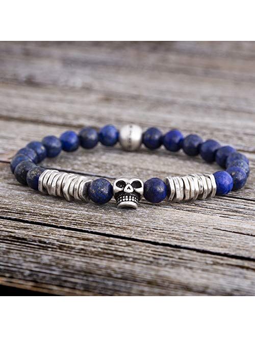 Steve Madden Men's Blue Bead and Discs with Skull Design Stretch Bracelet in Stainless Steel