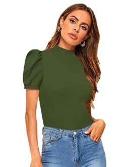 Women's Solid Tee Mock Neck Short Puff Sleeve Tops Blouse