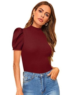 Women's Solid Tee Mock Neck Short Puff Sleeve Tops Blouse