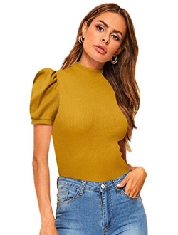 Women's Solid Tee Mock Neck Short Puff Sleeve Tops Blouse