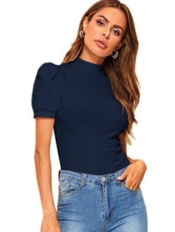 Women's Solid Tee Mock Neck Short Puff Sleeve Tops Blouse