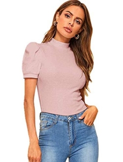 Women's Solid Tee Mock Neck Short Puff Sleeve Tops Blouse