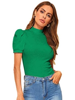 Women's Solid Tee Mock Neck Short Puff Sleeve Tops Blouse