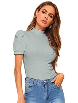 Women's Solid Tee Mock Neck Short Puff Sleeve Tops Blouse