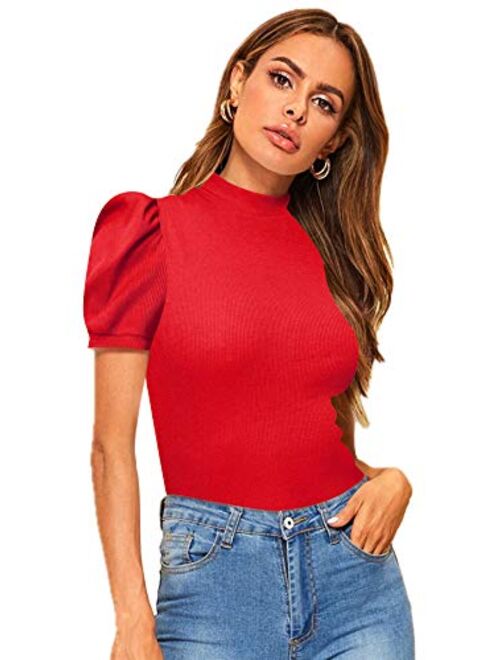 Floerns Women's Solid Tee Mock Neck Short Puff Sleeve Tops Blouse