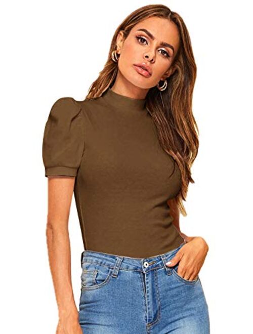 Floerns Women's Solid Tee Mock Neck Short Puff Sleeve Tops Blouse