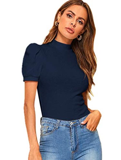 Floerns Women's Solid Tee Mock Neck Short Puff Sleeve Tops Blouse