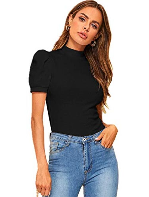 Floerns Women's Solid Tee Mock Neck Short Puff Sleeve Tops Blouse