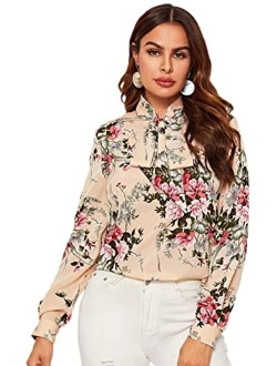 Women's Floral Print Bow Tied Neck Lantern Long Sleeve Blouse Tops