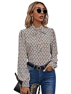 Women's Floral Print Bow Tied Neck Lantern Long Sleeve Blouse Tops