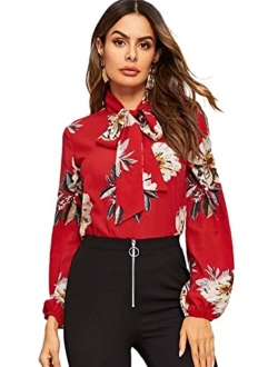 Women's Floral Print Bow Tied Neck Lantern Long Sleeve Blouse Tops