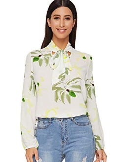 Women's Floral Print Bow Tied Neck Lantern Long Sleeve Blouse Tops