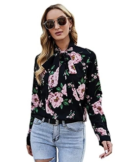 Women's Floral Print Bow Tied Neck Lantern Long Sleeve Blouse Tops