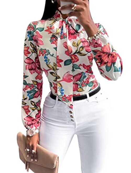 Floerns Women's Floral Print Bow Tied Neck Lantern Long Sleeve Blouse Tops