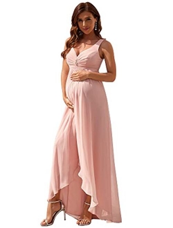 Women's High-Low Sleeveless Crystal V-Neck Chiffon Maternity Evening Party Dress 20798