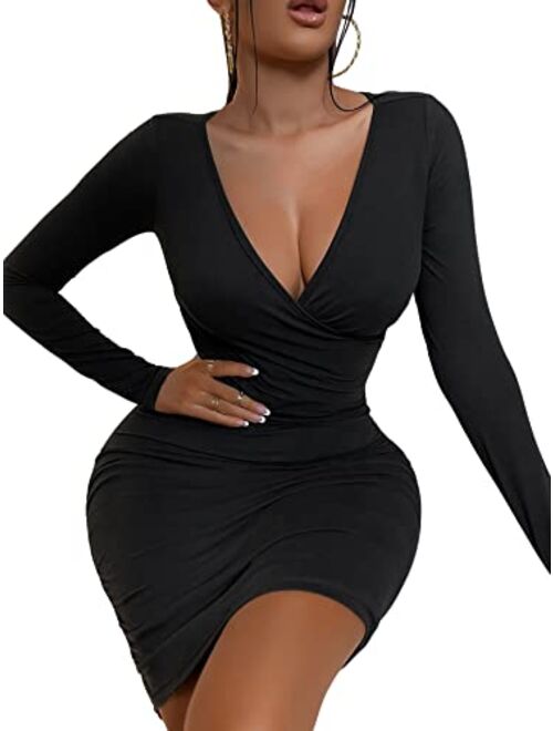 SheIn Women's Deep V Neck Long Sleeve High Waist Bodycon Pencil Short Mini Dress