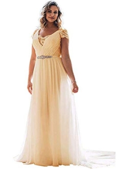 Tianzhihe Lace Chiffon Long Wedding Dress for Bride Short Sleeves Plus Size Bridal Gown with Belt