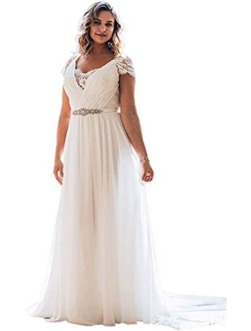 Tianzhihe Lace Chiffon Long Wedding Dress for Bride Short Sleeves Plus Size Bridal Gown with Belt